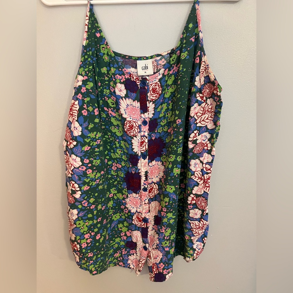 CAbi Isla Cami Sleeveless Tank Top Trellis Floral Rayon Button Camisole M